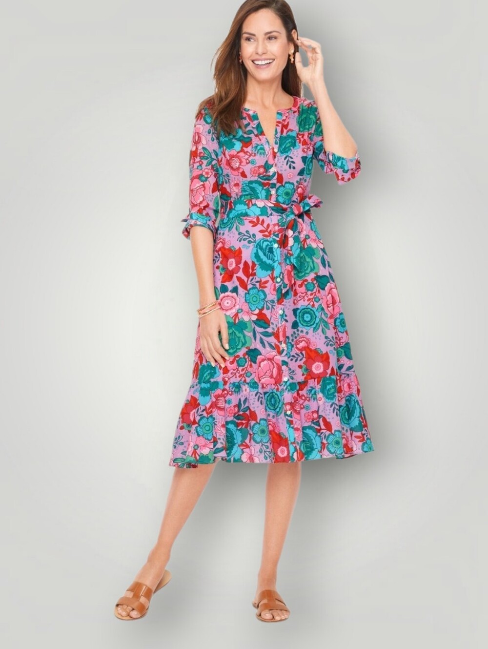 Talbots Women's 4 Lavender Floral Shirtdress Sketched Blooms Cotton Midi